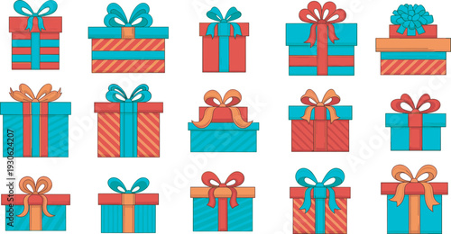 Set of colorful gift boxes with ribbons, Christmas and birthday presents, celebration icons, cad drawing flat vector illustration, isolated on white.