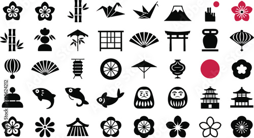 Japanese traditional icon set (Flower, Nature, Food, pattern, etc