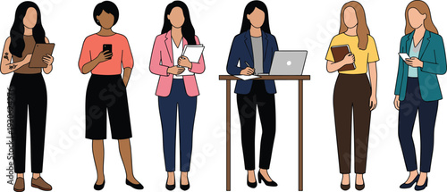 Businesswomen using smartphones, tablets and laptops illustration representing modern professional women, digital communication, office lifestyle, productivity and workplace diversity concept
