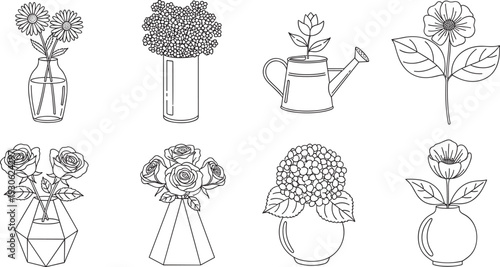 Set of floral arrangements in vases, roses, daisies, flowers in watering can, line art, cad drawing flat vector illustration, isolated on white.