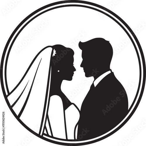 Wedding couple silhouette in circle frame, romantic bride and groom profile illustration, love portrait graphic