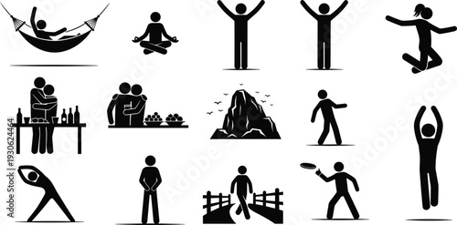 Leisure activity silhouette vector illustration, people relaxing, exercising, socializing, dancing, fishing, playing, outdoor recreation artwork, lifestyle concept design