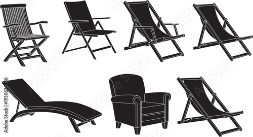 Set of outdoor deck chairs and indoor armchairs silhouettes, summer relaxation furniture, beach lounge, cad drawing flat vector illustration, isolated on white.