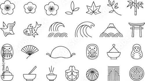 Japanese traditional icon set (Flower, Nature, Food, pattern, etc