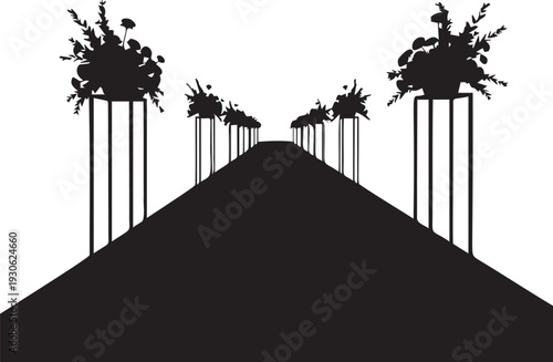 Long wedding aisle with floral arrangements on pedestals black silhouette vector illustration isolated on transparent
