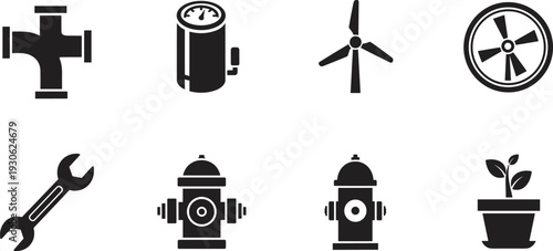 Set of industrial utility icons, water pipes, fire hydrant, wrench, wind turbine, potted plant, cad drawing flat vector illustration, isolated on white.