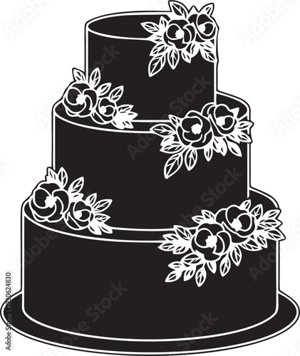 Three tier wedding cake silhouette featuring elegant floral decorations and roses for celebration designs and bakery branding