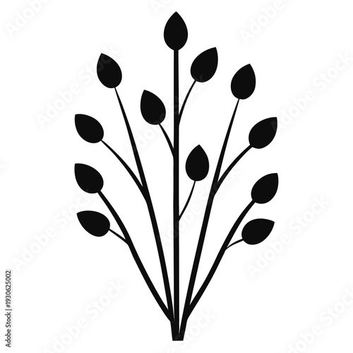 Black silhouette of multiple leaves on stems white