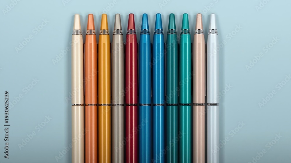 Fototapeta premium Colorful Collection of Vape Pens Arranged in a Row on Blue Background