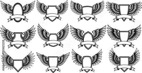 Winged Shield Badge Logo Collection with Heraldic Emblems and Blank Banner Ribbons for Vintage Crest Branding, Tattoo Design and Sports Team Identity