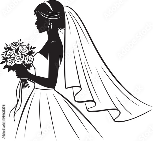 Bride in wedding dress with veil and floral bouquet side profile silhouette