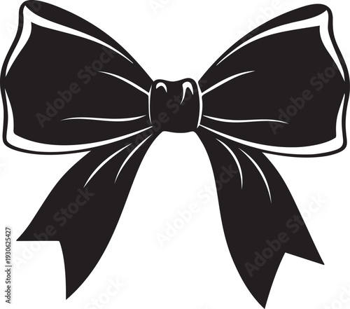 Decorative bow tie illustration, elegant black ribbon bow, gift wrap accent, fashion accessory, isolated on transparent background, celebration