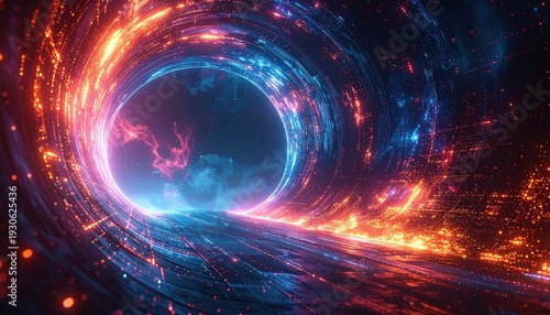 Digital rendering of a vibrant, abstract wormhole tunnel in outer space, filled with fiery glow