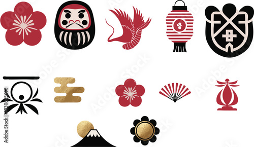 Japanese traditional icon set (Flower, Nature, Food, pattern, etc