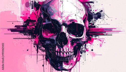 Digitally enhanced skull illustration against pink and black graphic elements