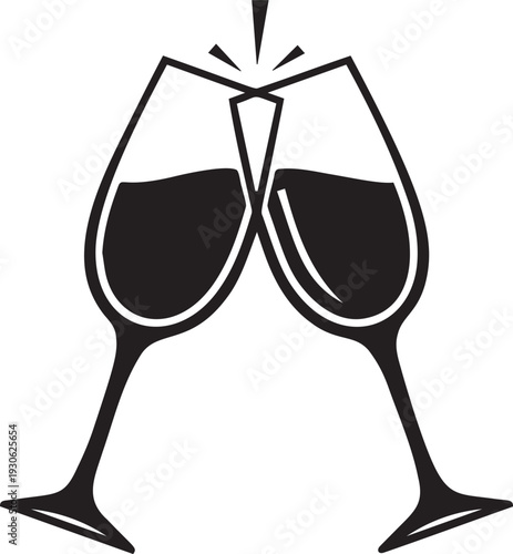 Toasting two wine glasses with sparkling splash celebration of anniversary wedding valentines day date party black silhouette