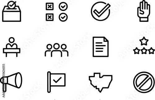 Political democracy outline icon collection featuring vote ballot box candidate speech campaign and government elements vector
