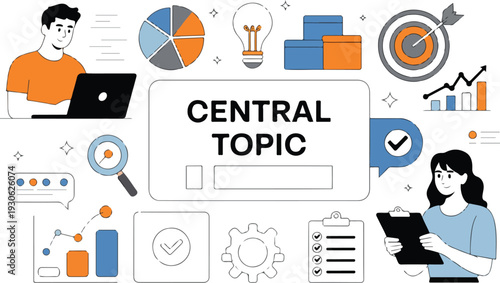 Educational infographic line illustration with charts diagrams and icons arranged around central topic card minimal vector design