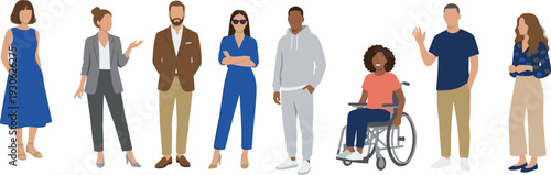 Diverse people standing together illustration representing inclusion, equality, disability awareness, wheelchair user representation and modern multicultural community lifestyle concept
