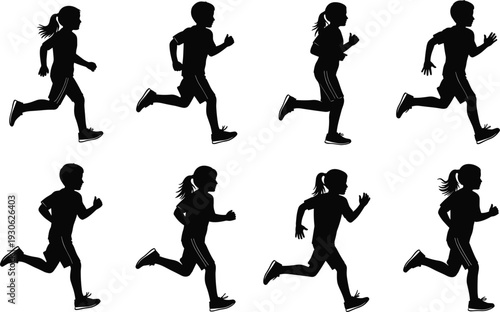 Running woman silhouette sequence, jogging stride motion, athletic female runner profile, sports science biomechanics, fitness exercise, sprint training illustration vector