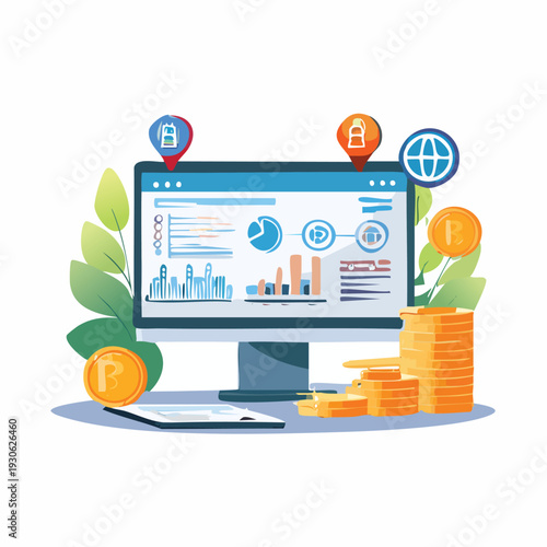 Computer screen displaying charts and currency coins