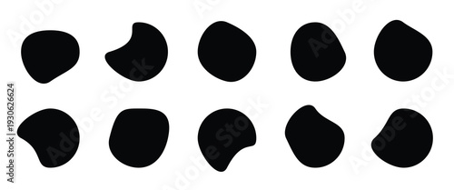  Doodle abstract liquid blob, wavy different form. Soft round oval pattern background. Vector illustration . Black shapes on white background.