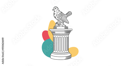 Detailed line drawing of a small bird statue perched on top of a classical architectural column with colorful abstract shapes.