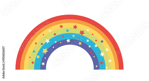 Brightly colored rainbow arch decorated with various sized stars in red blue and yellow colors is centered on a white background.