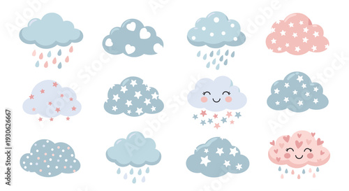 Collection of twelve different cute cartoon clouds featuring rain drops hearts stars and happy smiling faces in pastel blue and pink.