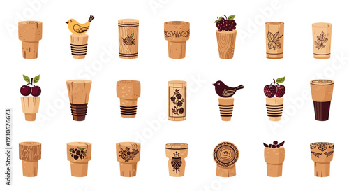 Large collection of wine corks displayed in rows features different shapes designs and decorative motifs like birds and berries.