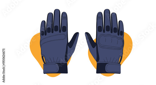 Pair of dark blue tactical gloves with protective padding and adjustable wrist straps is set against yellow abstract shapes.