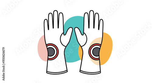 Pair of white protective work gloves are displayed against a background of colorful abstract blobs in teal pink and orange colors.