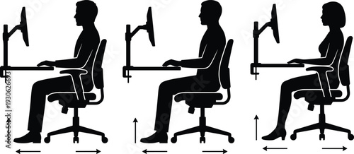 Ergonomic office posture illustration showing correct sitting positions at computer desk promoting workplace health, comfort and proper workstation setupErgonomic