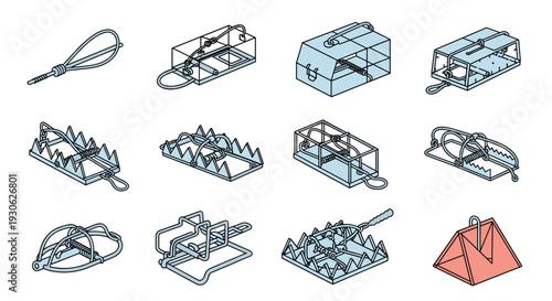 Collection of twelve different animal traps including cages snares and snap traps designed for pest control and wildlife management.