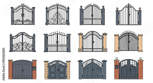 Large grid of twelve different decorative metal gate and fence designs with brick or stone pillars in various classical styles.