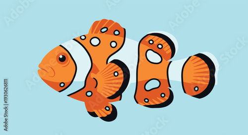Colorful orange clownfish with white bands and black fin edges is illustrated in a side view against a light blue background.