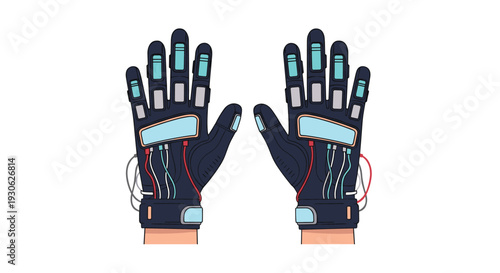 Innovative haptic feedback gloves for virtual reality and motion capture technology featuring integrated sensors and wiring systems for interaction.