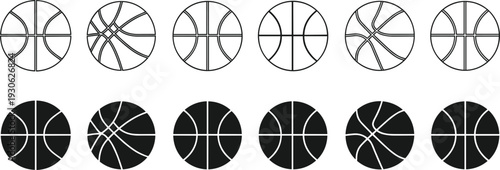 Set of basketball ball icons in outline and black silhouette styles for sports equipment, game competition, league, and vector designs,
