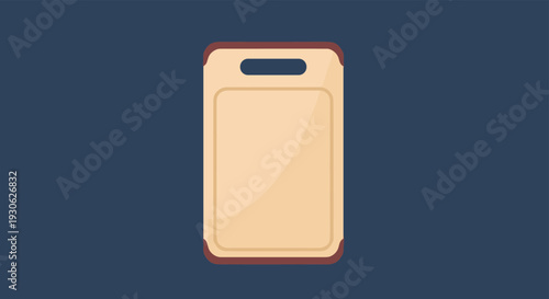 Simple flat vector illustration of a rectangular wooden cutting board with rounded corners and a handle cutout on a dark blue background surface.