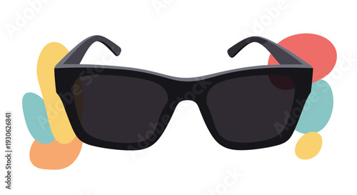 Pair of stylish black frame sunglasses against a background of colorful abstract pebble shapes in muted tones for summer fashion concepts.