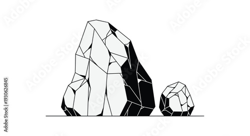 Minimalist black and white graphic illustration of jagged rocks and stones on a flat surface representing nature landscape or geological forms.