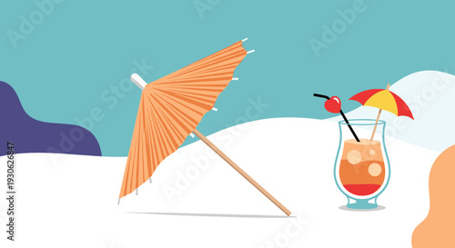 Summer vacation illustration featuring an orange paper beach umbrella and a tropical cocktail glass with a cherry on a sunny white and blue scene.
