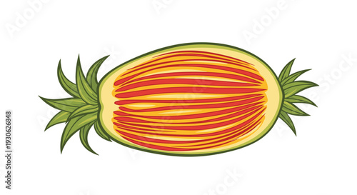 Artistic cross section illustration of a tropical pineapple fruit showing detailed internal patterns and green leaves on both ends in vibrant style.