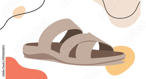 Minimalist flat illustration of a tan leather sandal against an abstract background of organic shapes in warm colors representing summer fashion.