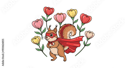 Squirrel Hero in Red Cape Among Heart Tulips