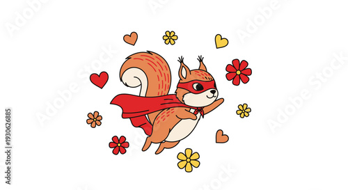 Squirrel superhero with cape flying among flowers and hearts