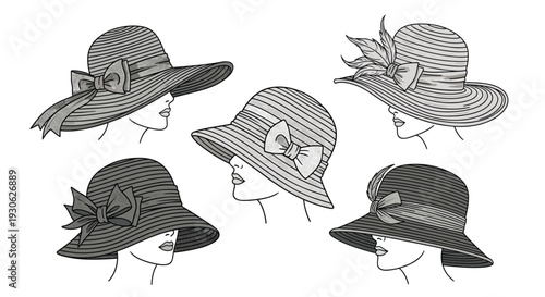 Selection of five elegant female profiles wearing various styles of wide brimmed and cloche hats with decorative bows in monochrome sketch form.