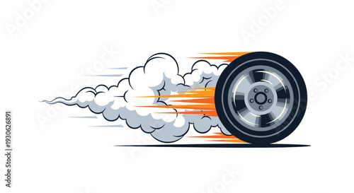 Dynamic racing tire illustration with speed lines and smoke trails signifying high velocity movement and burning rubber on a white background.