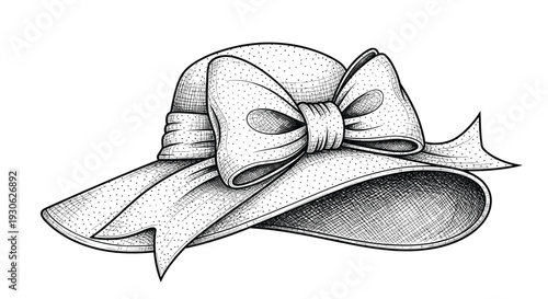 Elegant vintage style engraving of a wide brimmed woman's sun hat adorned with a large decorative bow and flowing ribbon on a white background.