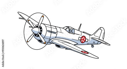 Illustration of a classic World War II propeller fighter aircraft in flight with a white fuselage and red star markings on a white background.